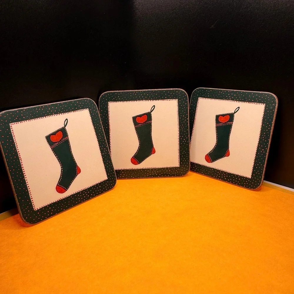 Pimpernel Vintage Christmas Coasters Set of 6 Wreath and Stocking IOB
